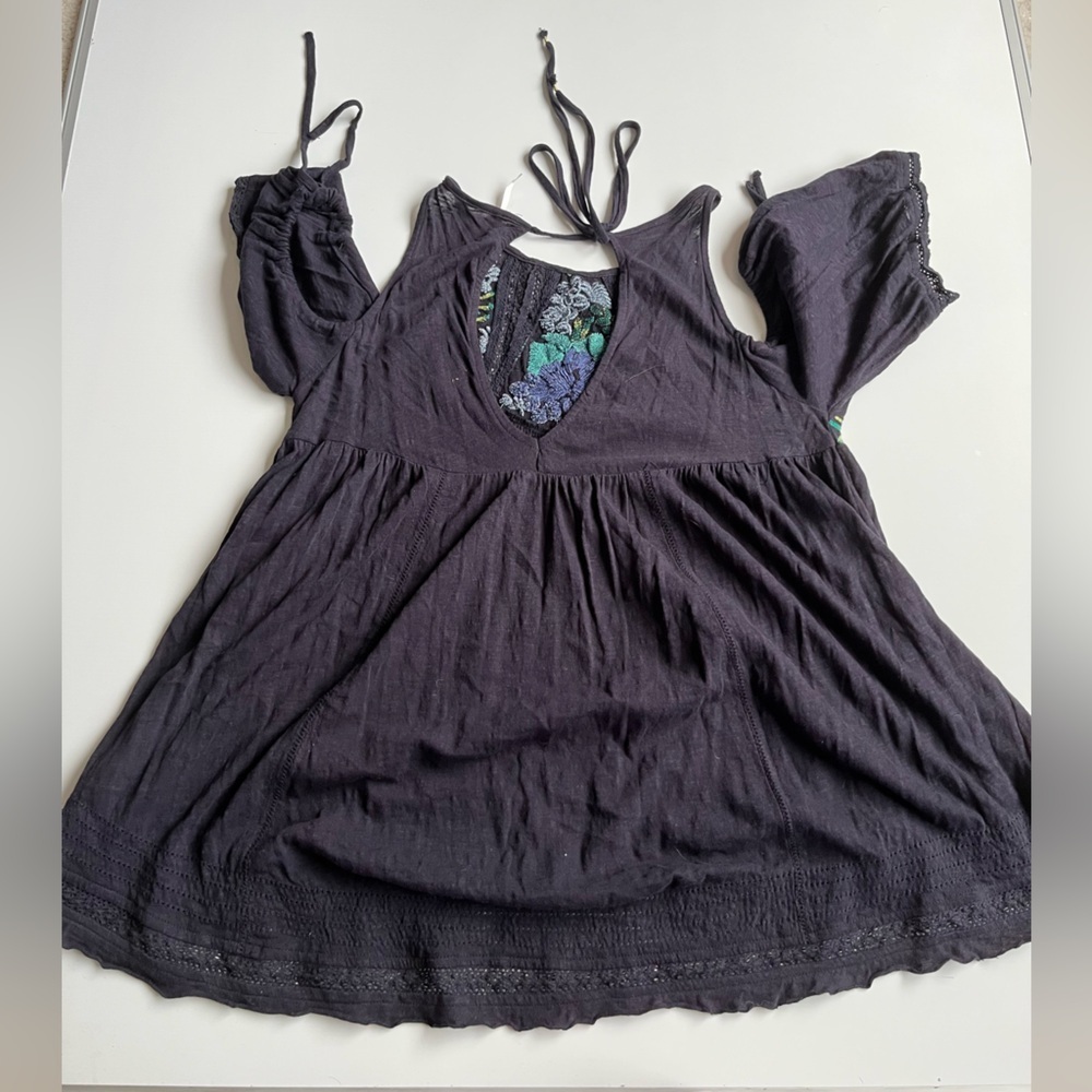 Free People fast times Navy beaded Embroidered cold shoulder Blouse - Picture 10 of 11